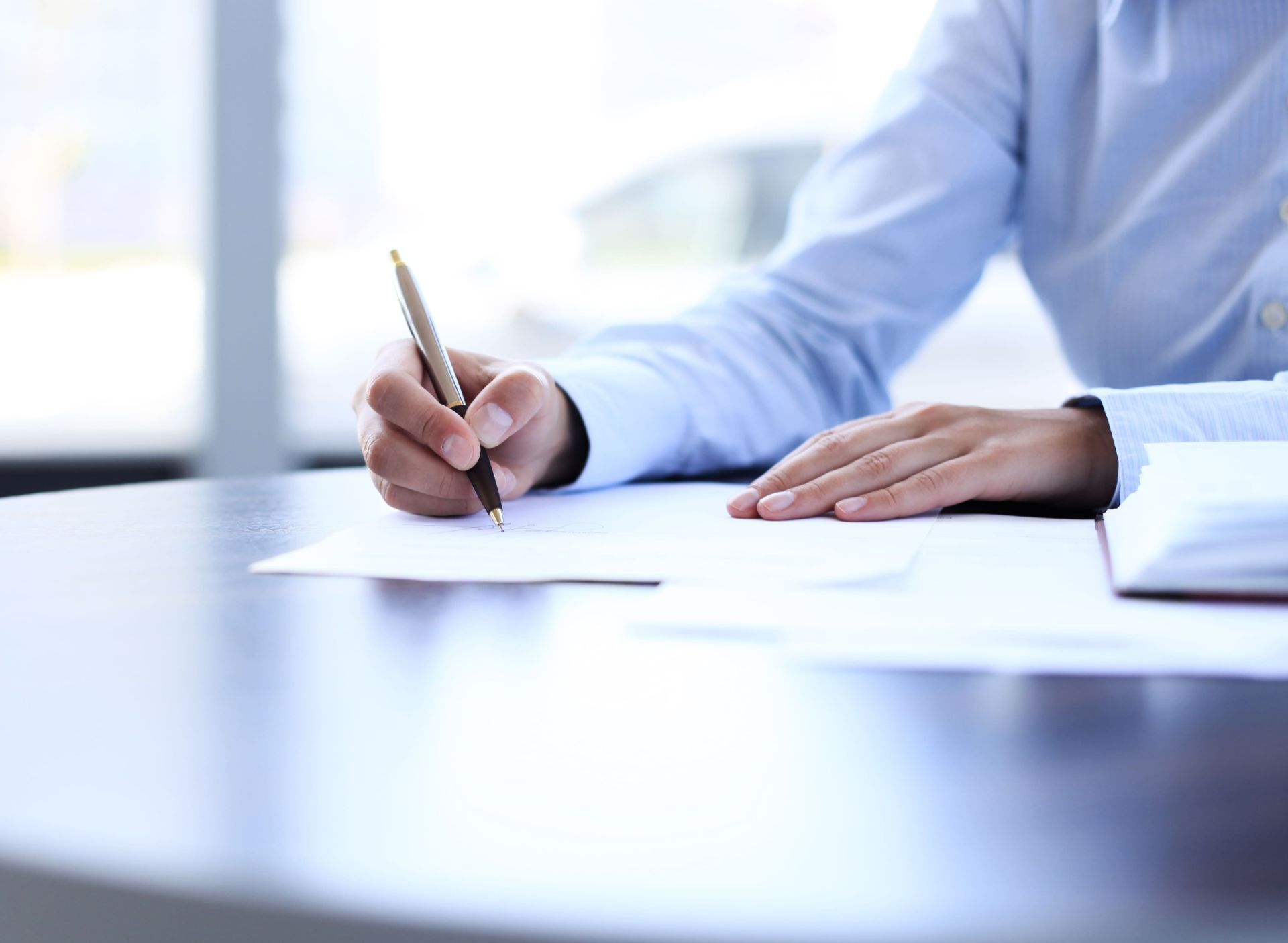 Businesswoman Sitting Office Desk Signing 600w 203485126